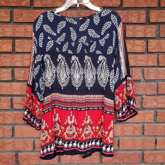 BILA Tunic Top Womens M Blue Red Floral Boho Peasant 3/4 Sleeve Tassel Paisley - Picture 2 of 14